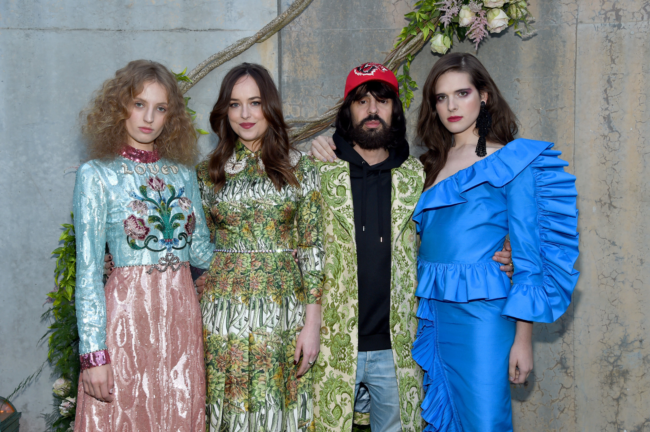 NEW YORK, NY - MAY 02: Petra Collins, Dakota Johnson, Alessandro Michele and Hari Nef attend the Gucci Bloom, Fragrance Launch Event at MoMA PS.1 on May 2, 2017 in New York City. (Photo by Jamie McCarthy/Getty Images for Gucci)