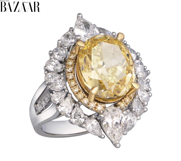 Nhẫn Ever Grace làm từ chất liệu vàng trắng. Viên kim cương vàng trung tâm cắt khối tròn có trọng lượng 6,6 carat. Khung nhẫn được bao phủ bởi 45 viên kim cương tinh khiết nhất. 