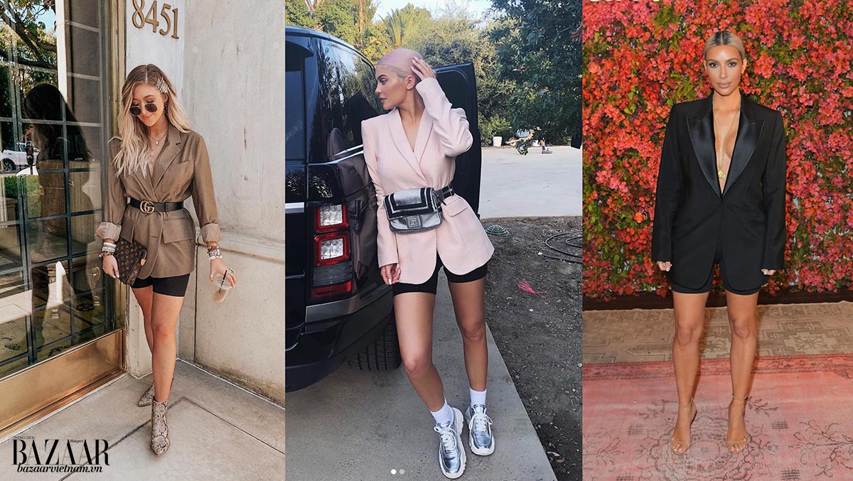 Từ trái sang: Fashionista Amanda Bloom mặc set ton-sur-ton. Kylie Jenner phối street style với sneaker. Kim Kadarshian mặc quần đạp xe cùng tuxedo đi dự tiệc.
