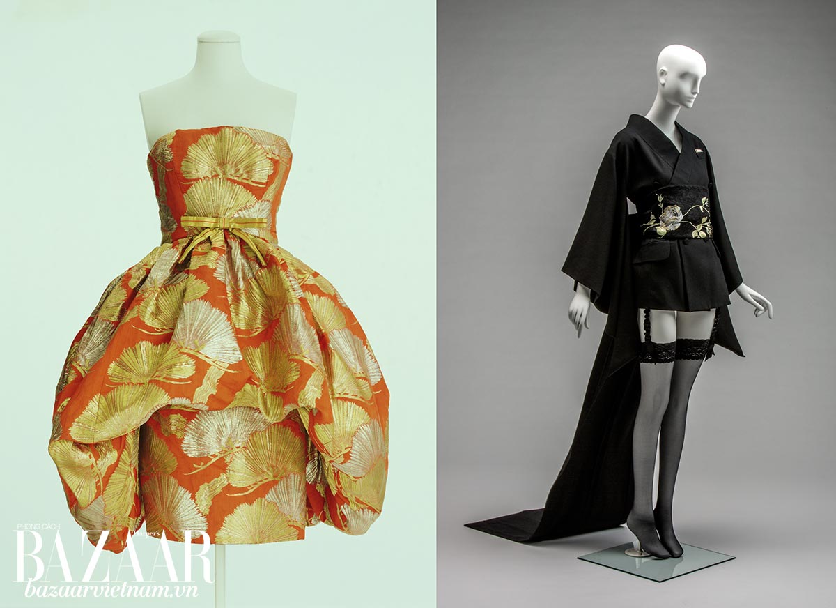 Lịch sử kimono: Trái: Một thiết kế của Yves Saint Laurent cho Dior, Xuân Hè 1960. Đây là chiếc váy thuộc bộ sưu tập dành riêng cho Salon Daimaru ở Nhật. Phải: Một mẫu thiết kế của John Galliano trong bộ sưu tập Thu Đông 1994.
