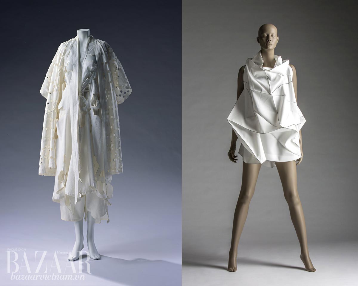 Trái: Váy cotton, thiết kế Yohji Yamamoto, Xuân Hè 1983. Phom kimono của áo khoác ngoài rất rõ, nhưng thêm nữ tính khi kết hợp với váy cut out ở trong. Phải: Váy Issey Miyake kết hợp với Reality Lab, Xuân Hè 2011. Chiếc váy dựa trên cảm hứng nếp gấp origami.