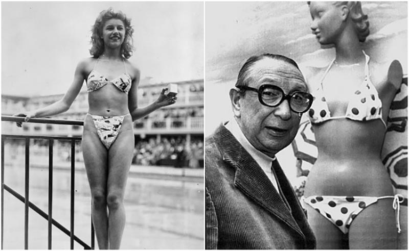 Vũ nữ thoát y Micheline Bernardini (trái) trong bộ bikini đầu tiên. Thiết kế của Louis Réard (phải).