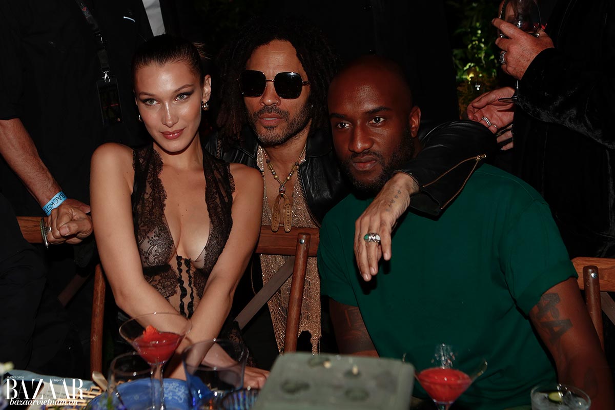 Virgil Abloh bên Bella Hadid và Lenny Kravitz tại buổi tiệc after party của Luisa Via Roma
