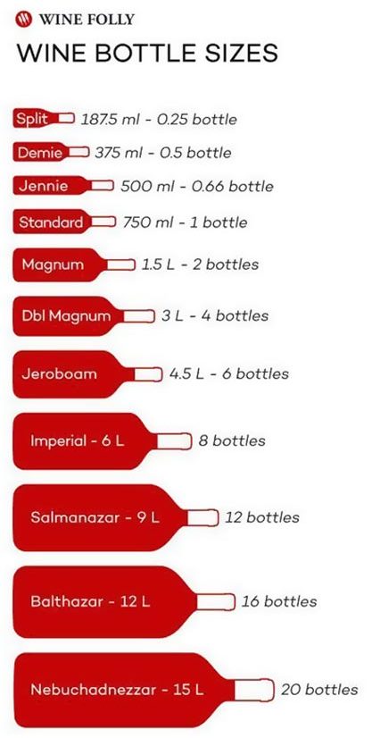Các kích cỡ chai rượu. Nguồn: Wine Folly