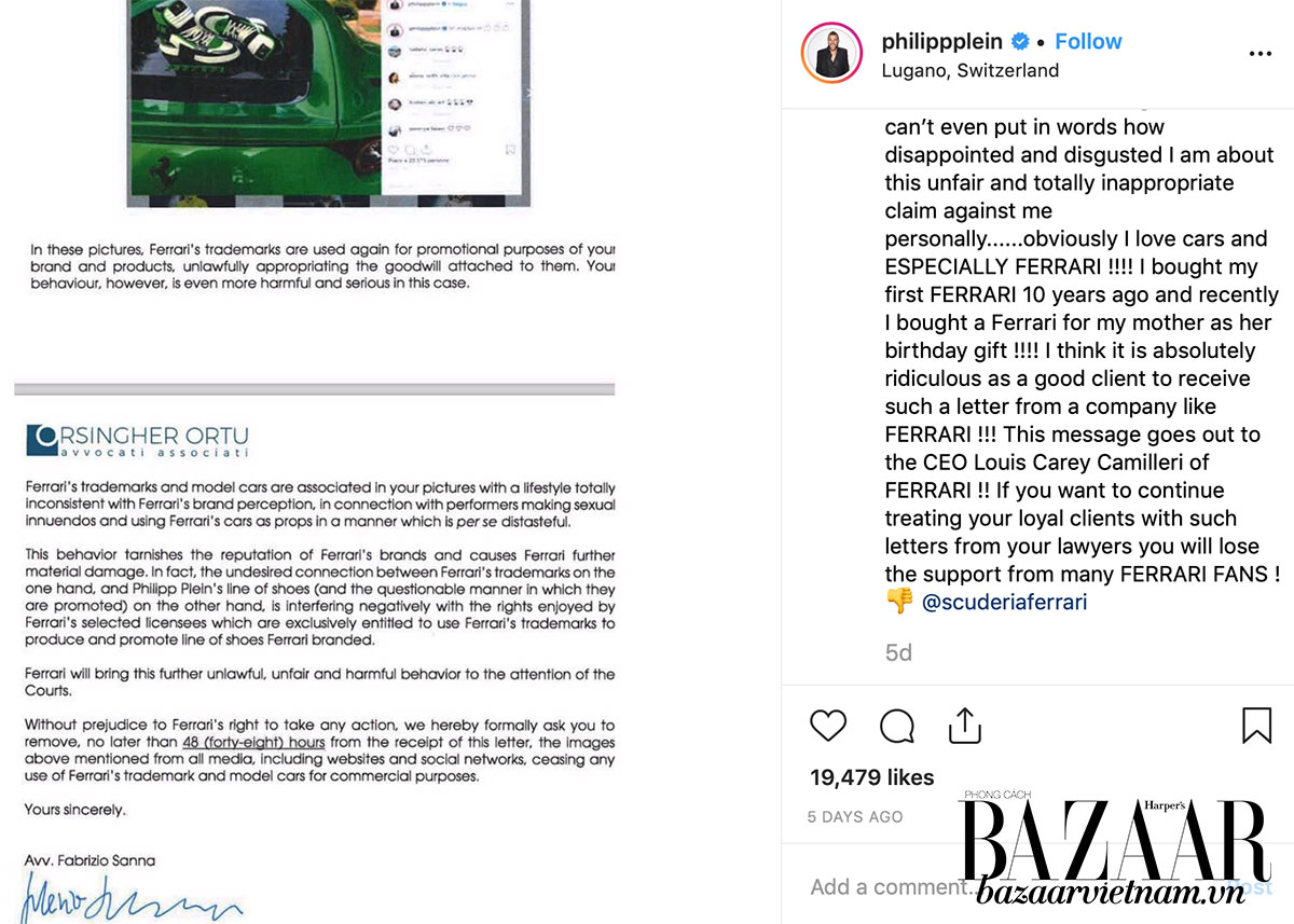 Trích dẫn lá thư từ Ferrari trên Instagram nhà thiết kế Phillip Plein