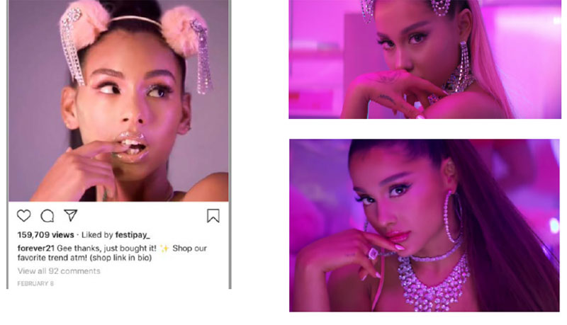 Một hình ảnh quảng cáo của Forever 21 dùng người mẫu đeo băng đô, có động thái y như Ariana Grande trong MV 7 Rings. Nguồn: đơn kiện.