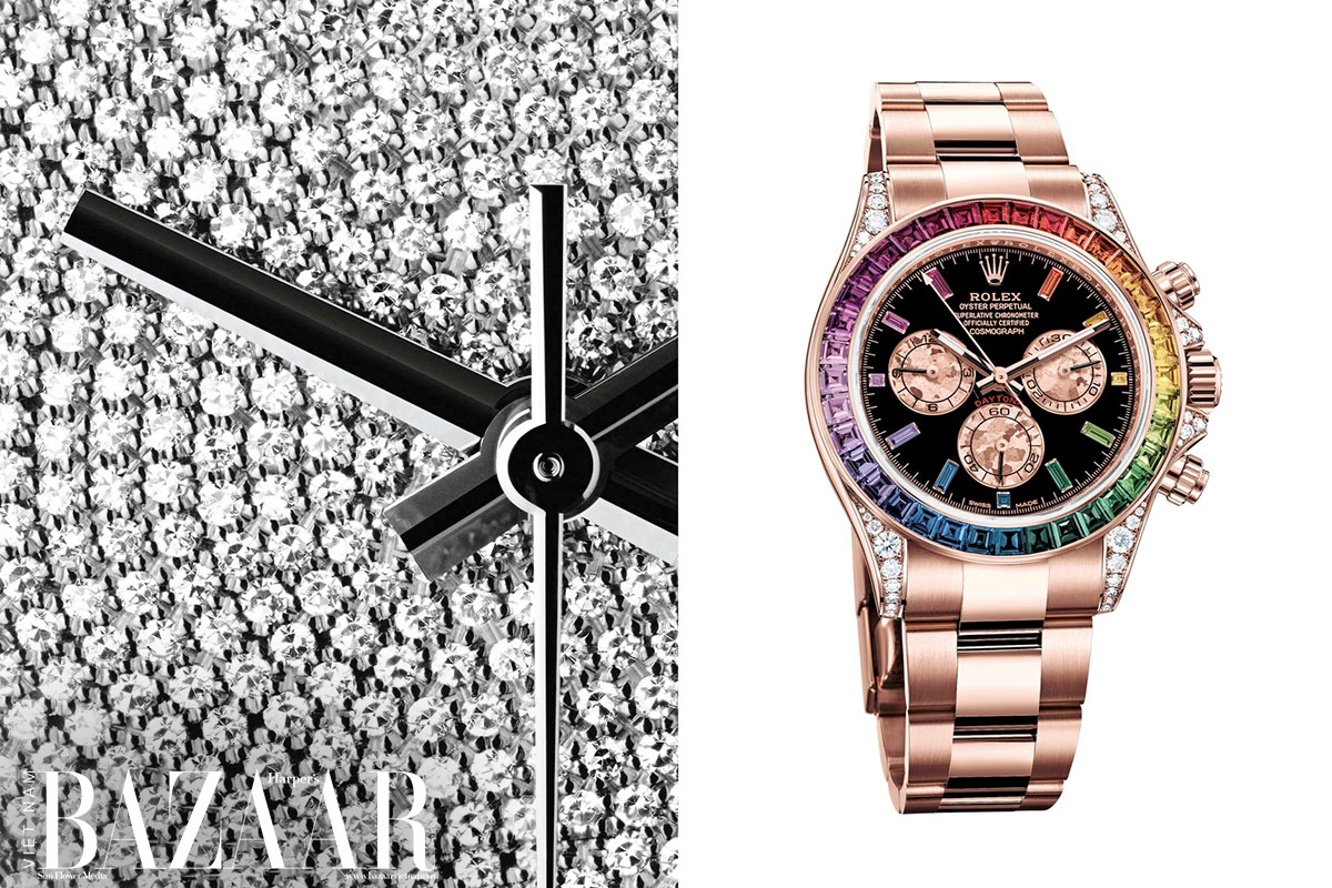 Trái: Mặt đồng hồ đính kim cương nhí kiểu pavé. Phải: Chiếc đồng hồ Rainbow Daytona quý hiếm. Ảnh: Rolex