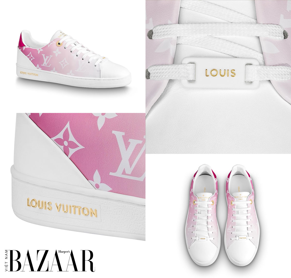 Chi tiết giày thể thao Louis Vuitto Frontrow với gam màu hồng pastel.