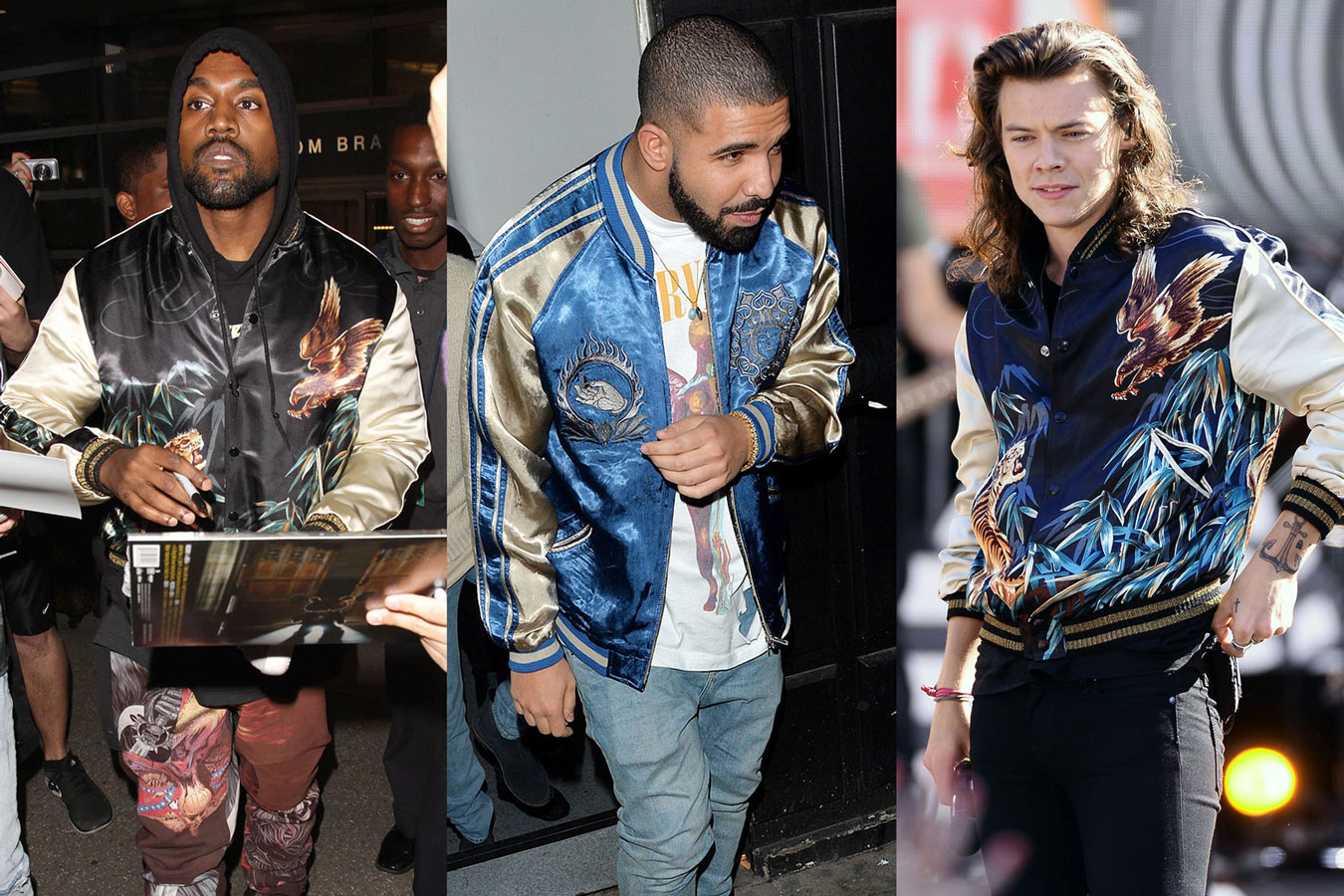 Kanye West, Drake và Harry Styles mặc áo khoác bomber lụa