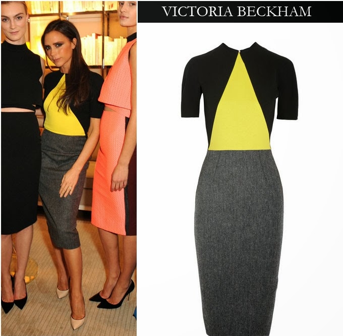 Victoria Beckham diện đầm xám phối vàng, đen 