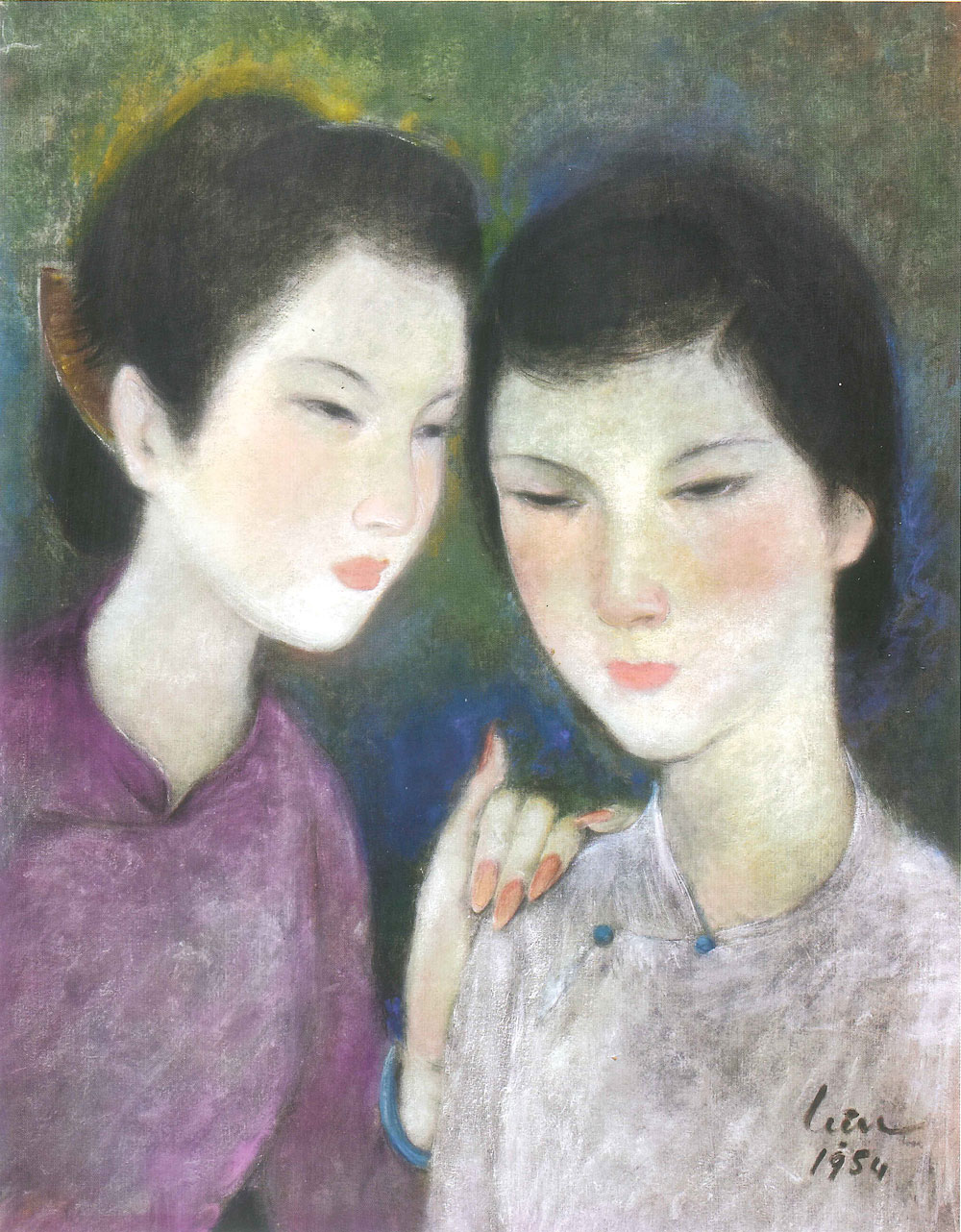 Tranh lụa Nhị Kiều (1954). Trong bức này, bà đã thay đổi bút pháp, màu sắc và thời đại. Hình ảnh hai chị em Thuý Kiều - Thuý Vân có nhan sắc người Hoa lai Việt. 