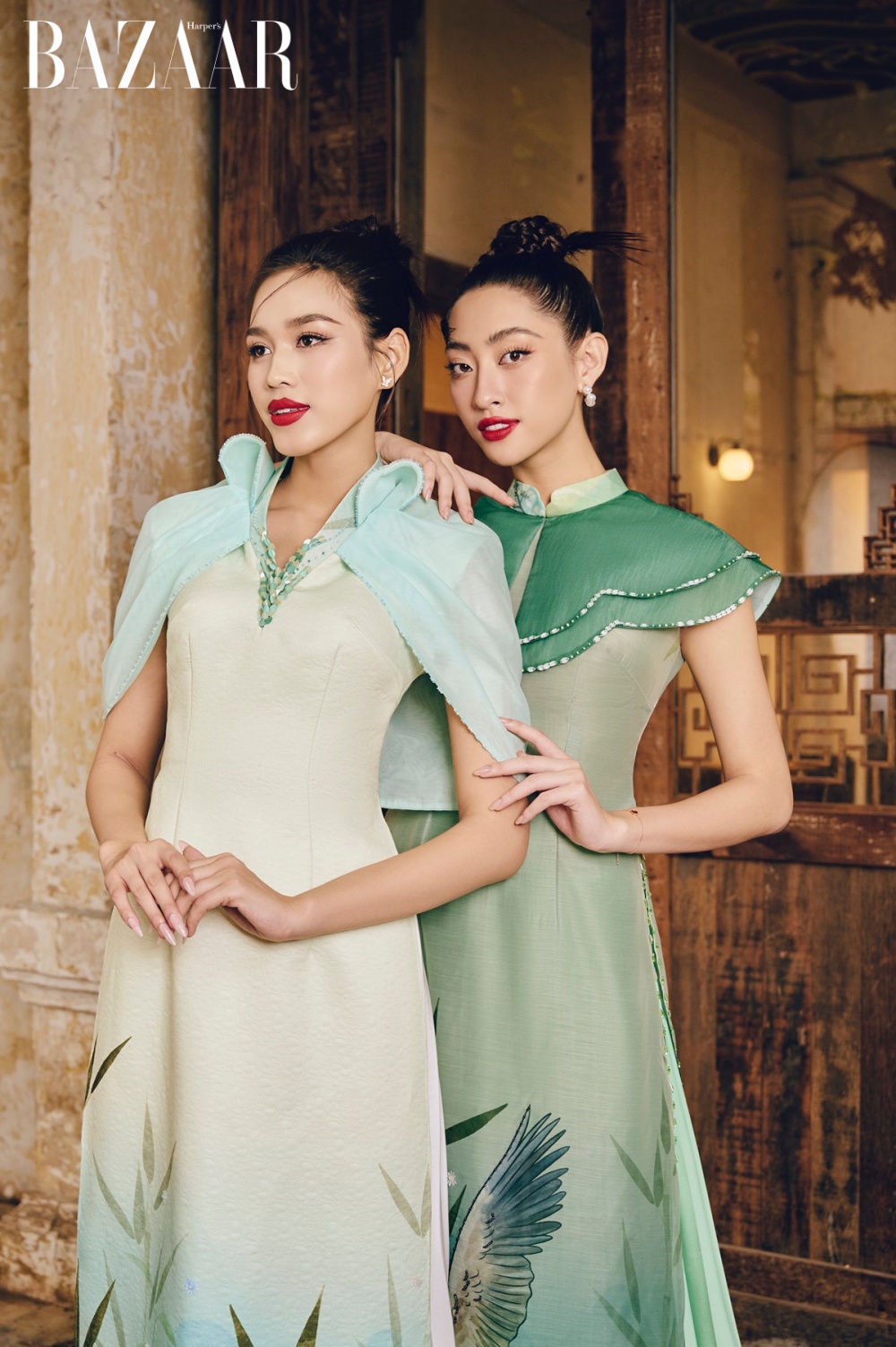 Hai hoa hậu Đỗ Hà và Lương Thùy Linh trong BST Áo dài Dáng Ngọc của NTK Lê Ngọc Lâm 