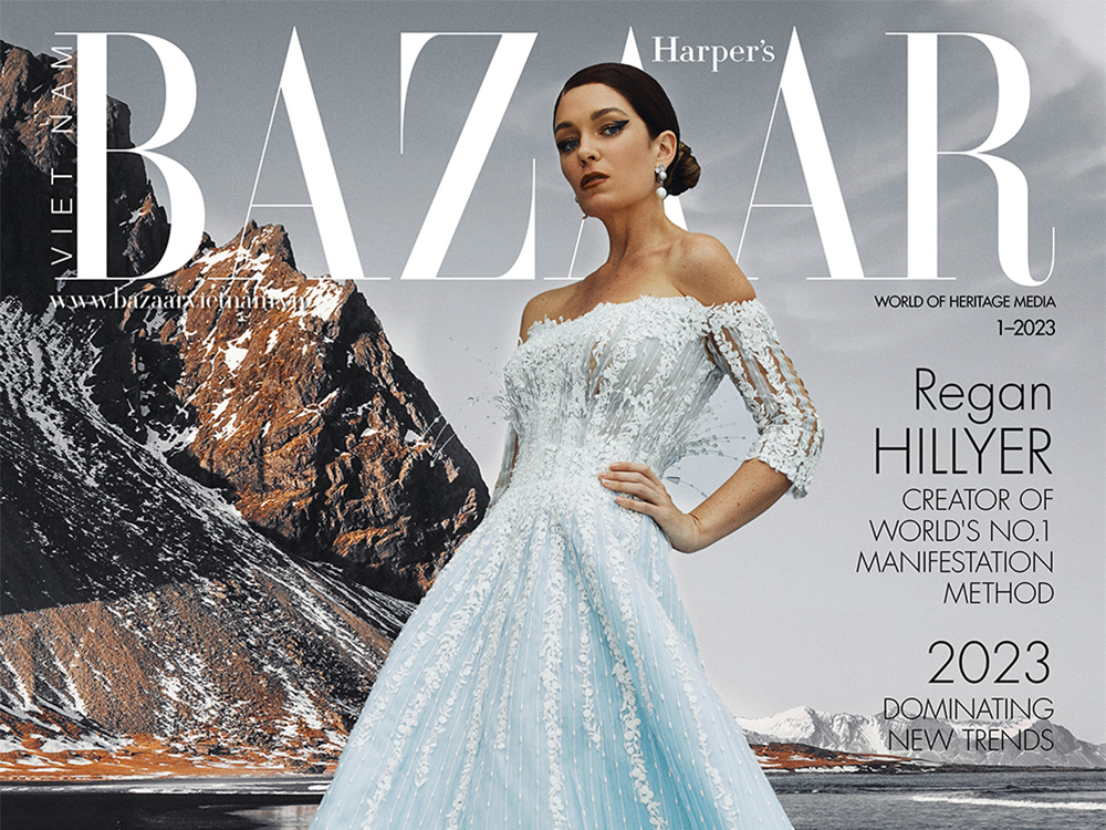 Regan Hillyer on the cover of Harper’s Bazaar Vietnam on 01/23. Dress, Garimon Roferos Couture. Earring, Bloomingdale's