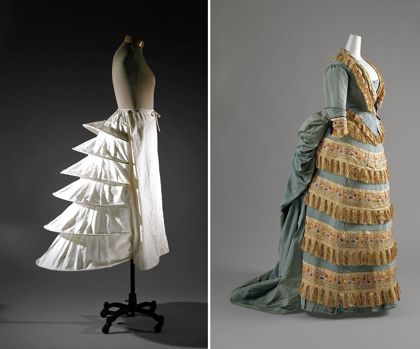 Trái: Tùng váy lót tạo phom dáng đuôi cá. Phải: Đầm của nhà thiết kế haute couture Charles Worth. Cả hai thiết kế có niên đại 1870. Ảnh: Bảo tàng The Met New York