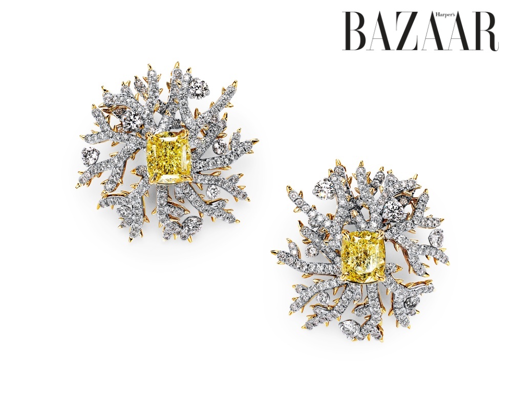 Hoa tai với kim cương vàng Fancy, kim cương và bạch kim, vàng vàng 18k, Tiffany & Co. Blue Book 2023 