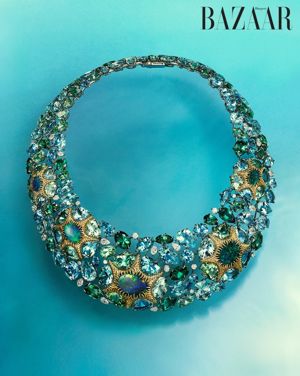 Vòng cổ chế tác từ bạch kim, vàng vàng 18k với đá opal đen, aquamarine, beryl, tourmaline và kim cương, Tiffany & Co. Blue Book 2023 