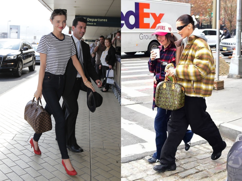 Trái: Siêu mẫu Miranda Kerr và Speedy họa tiết Damier. Phải: siêu mẫu Bella Hadid và chiếc túi Speedy Grafitti. 