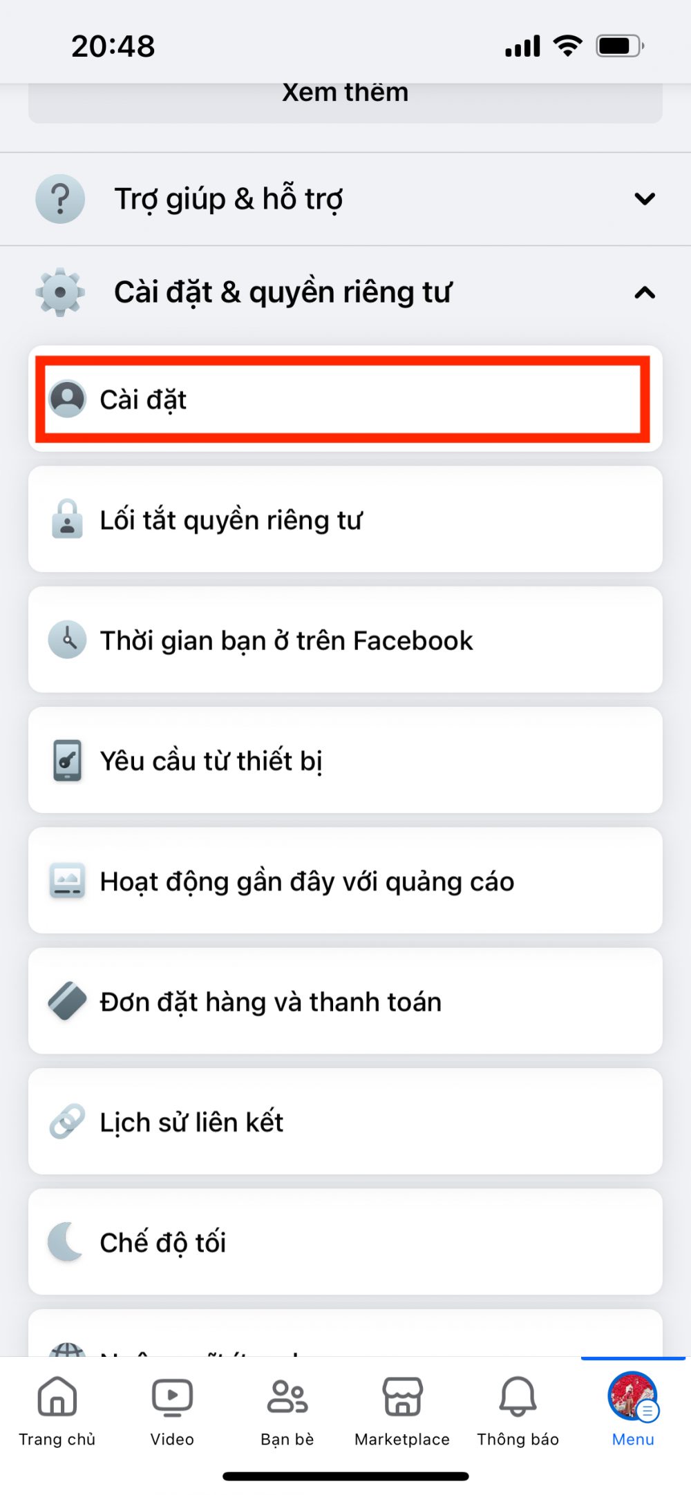chọn cài đặt 