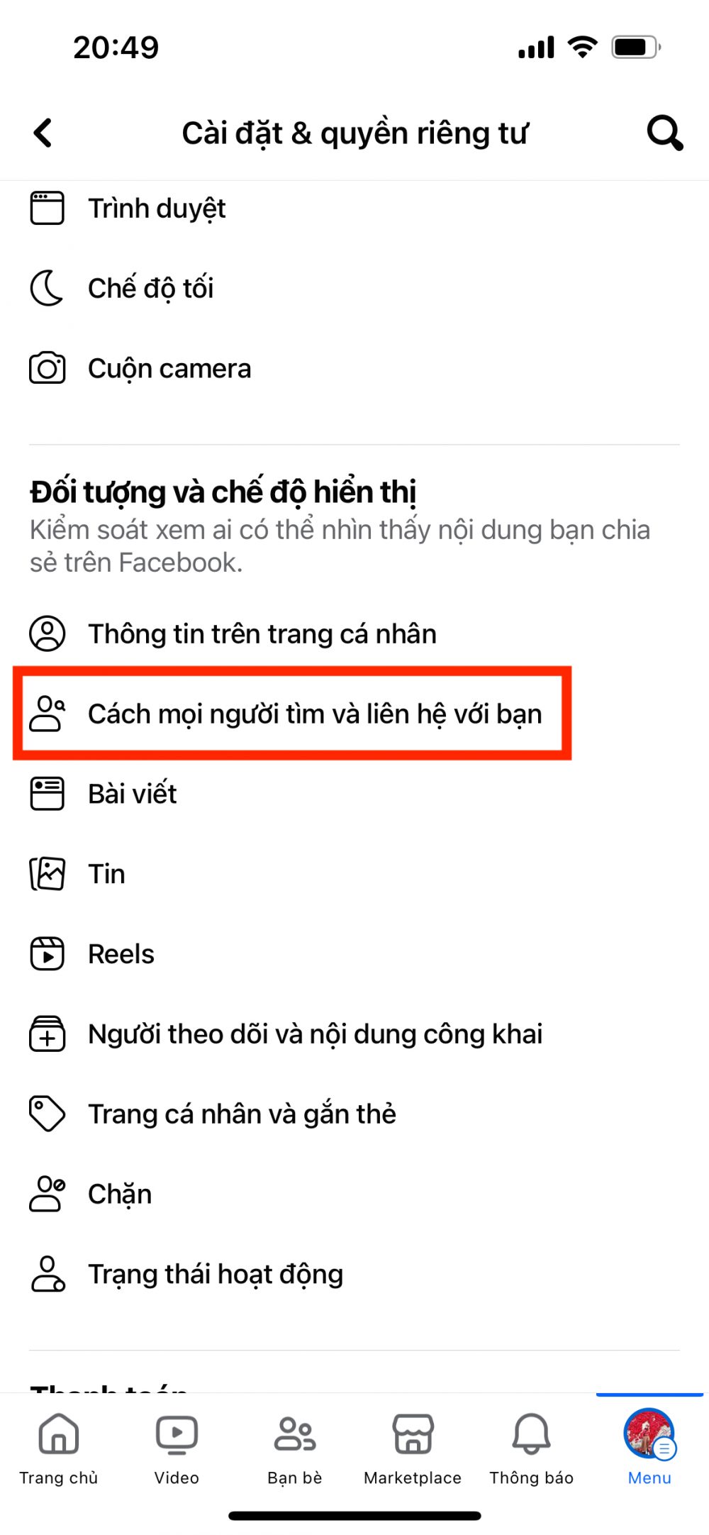 Chọn tác vụ “Cách mọi người tìm và liên hệ với bạn”