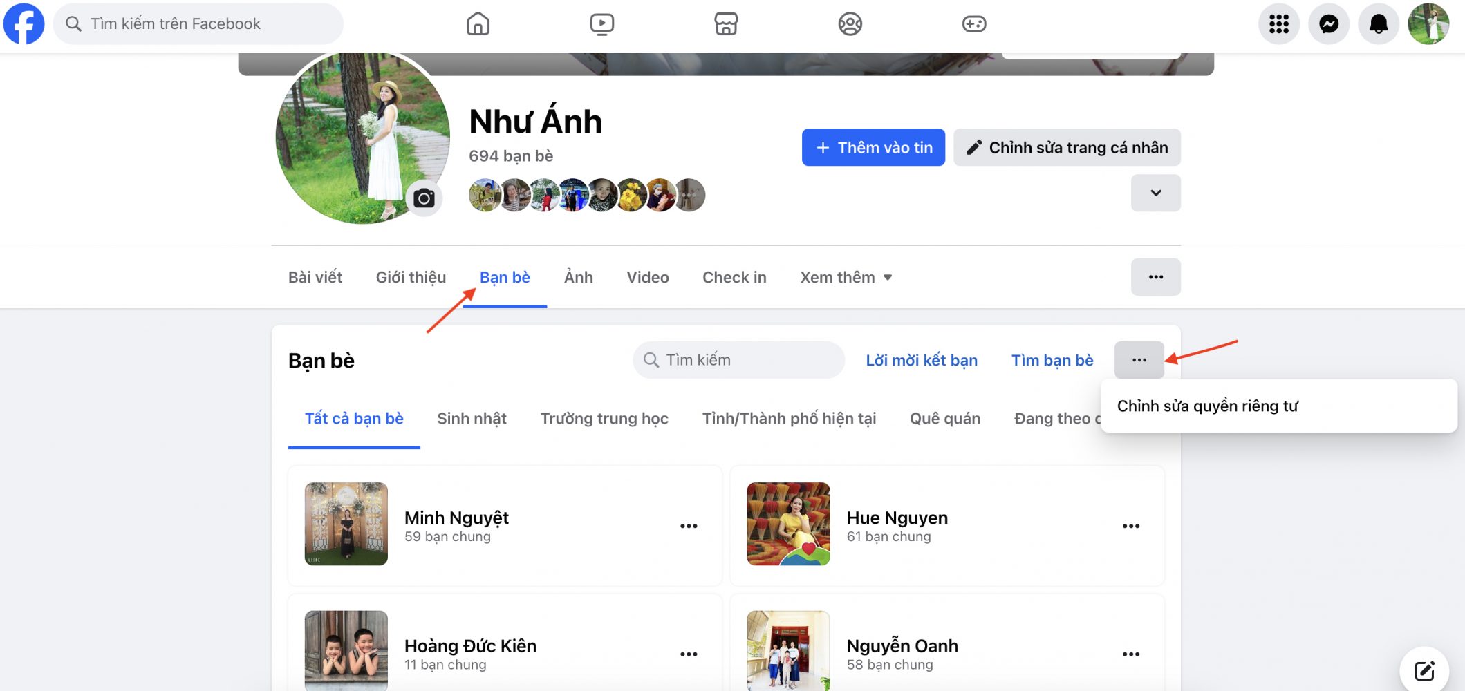 Cách ẩn bạn bè trên Facebook từ máy tính