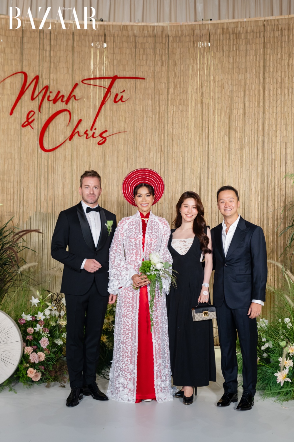 Diễn viên Diễm My 9X chọn đầm đen trắng, kết hợp cùng túi xách Gucci. Cô đi cùng ông xã đến đám cưới Minh Tú. 