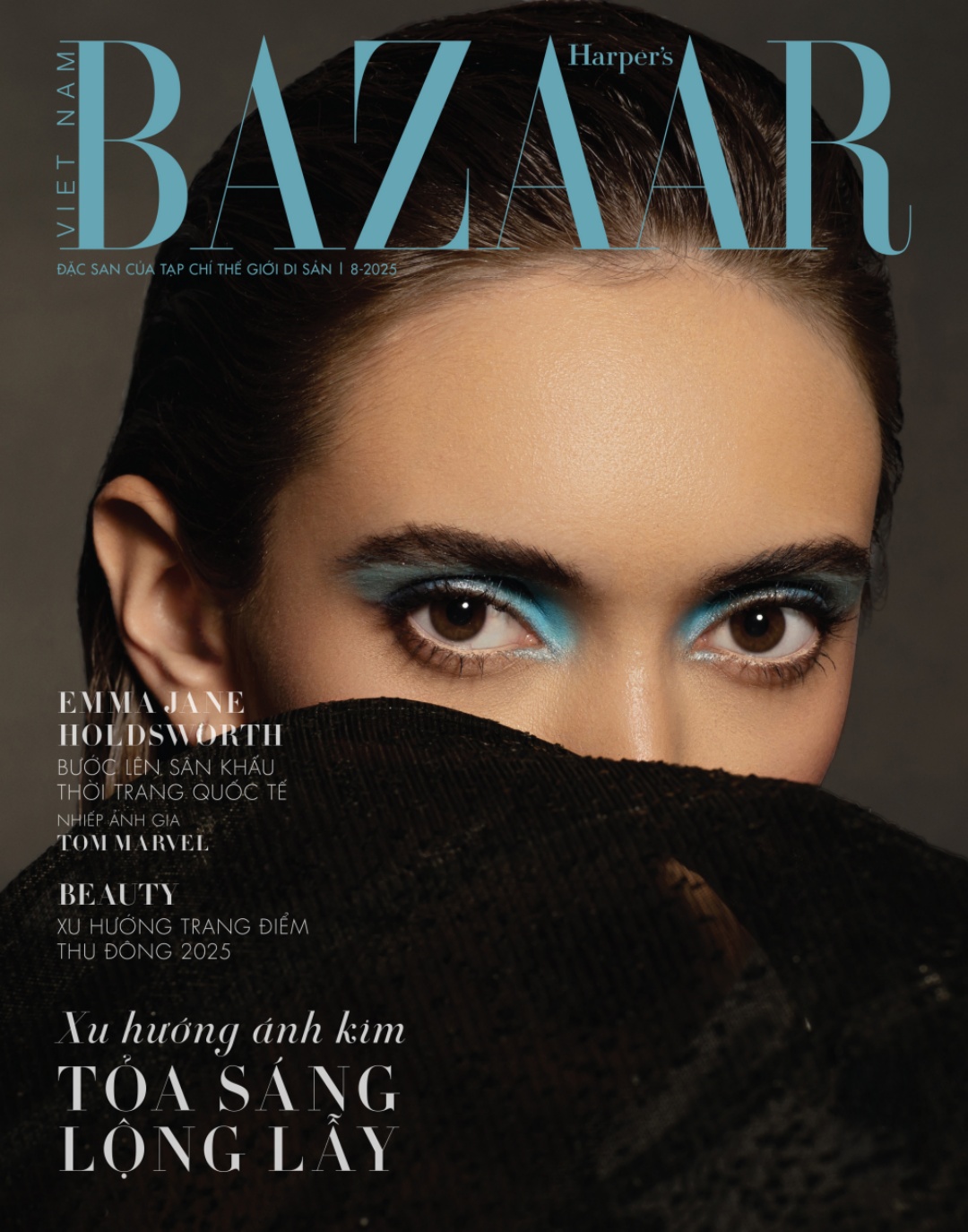 Emma Jane Holdsworth trên Harper's Bazaar Việt Nam 8/2025. Đầm, Manuel Tiscareno từ The Confessional Showroom NYC. Bông tai, Doves by Doron Paloma.