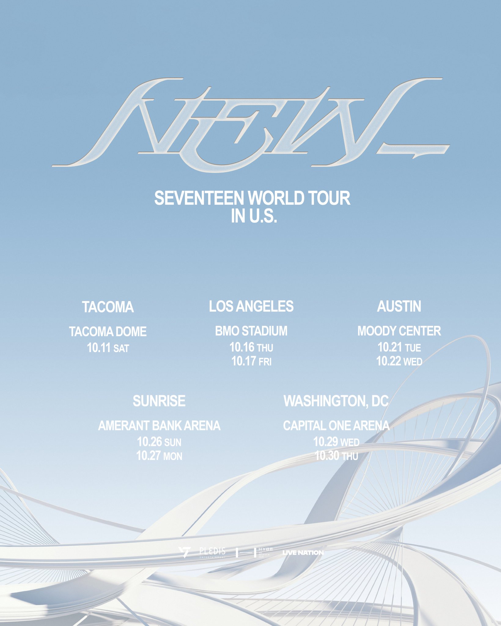 Lịch trình các đêm diễn của SEVENTEEN WORLD TOUR [NEW_] tại Mỹ. Ảnh: X @seventeen