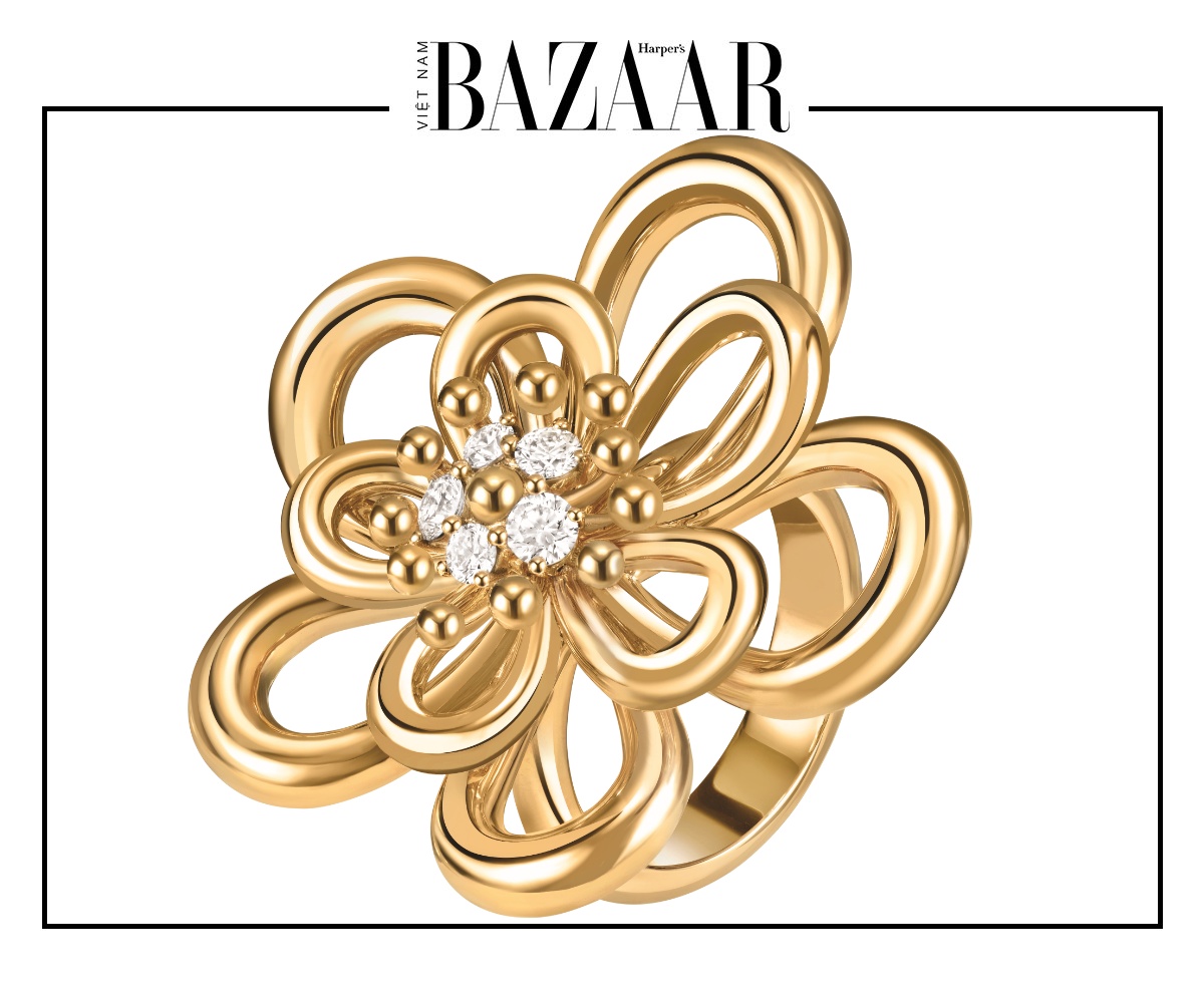 Nhẫn Flowerlace, mẫu trung bình, vàng vàng, kim cương