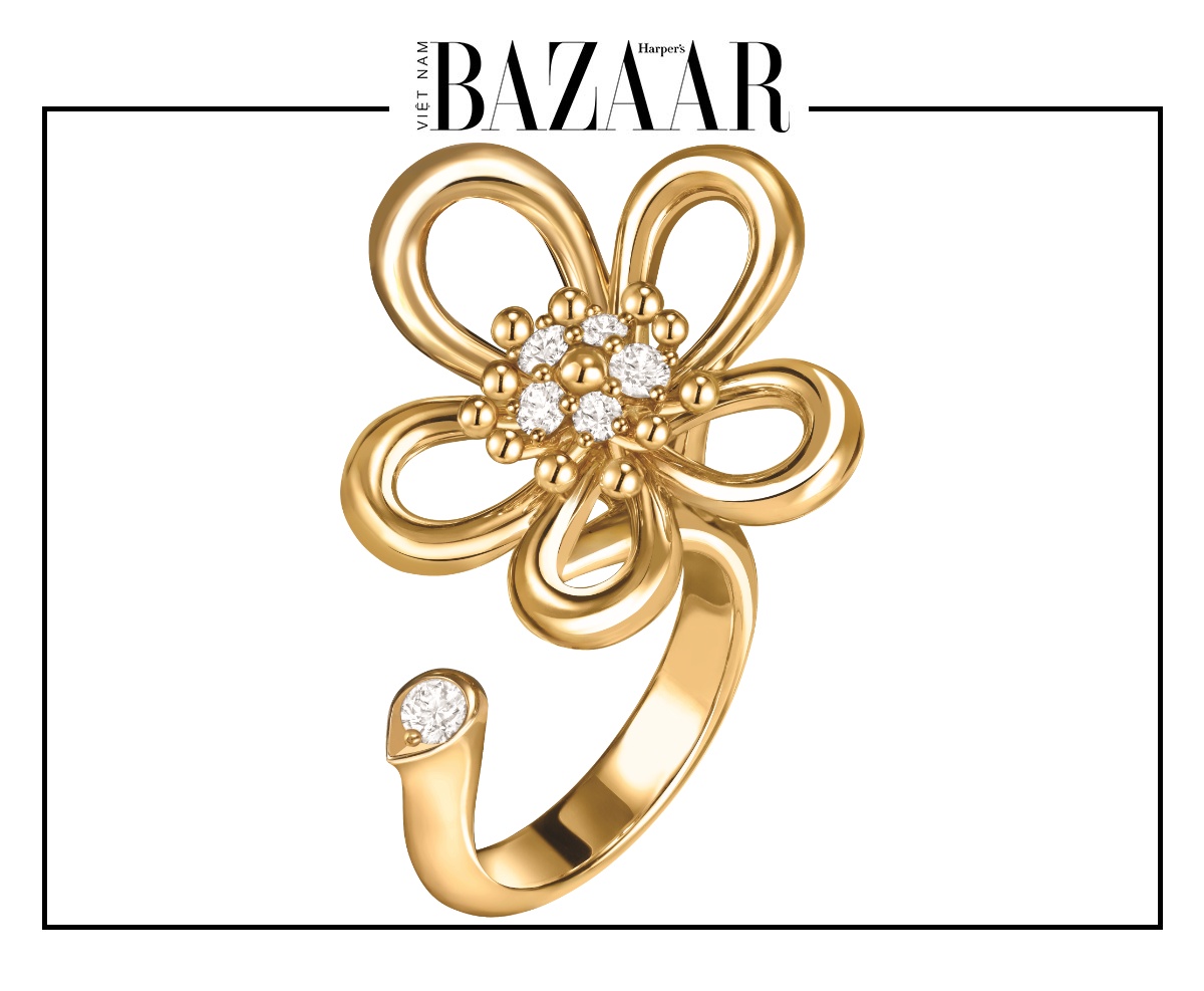 Nhẫn đeo hai ngón Flowerlace, mẫu nhỏ, vàng vàng, kim cương.