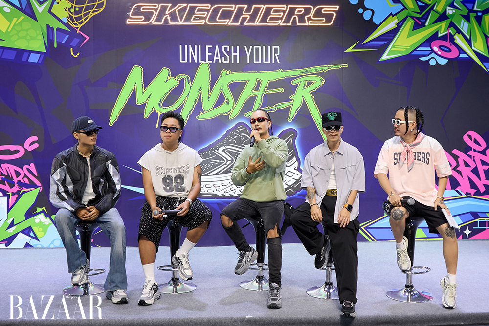 Các khách mời của sự kiện Skechers Unleash Your Monster (từ trái qua): Rapper Feezy, 24K.Right, vũ công Sơn Lương, nghệ sĩ Việt Max và rapper – host Masta B