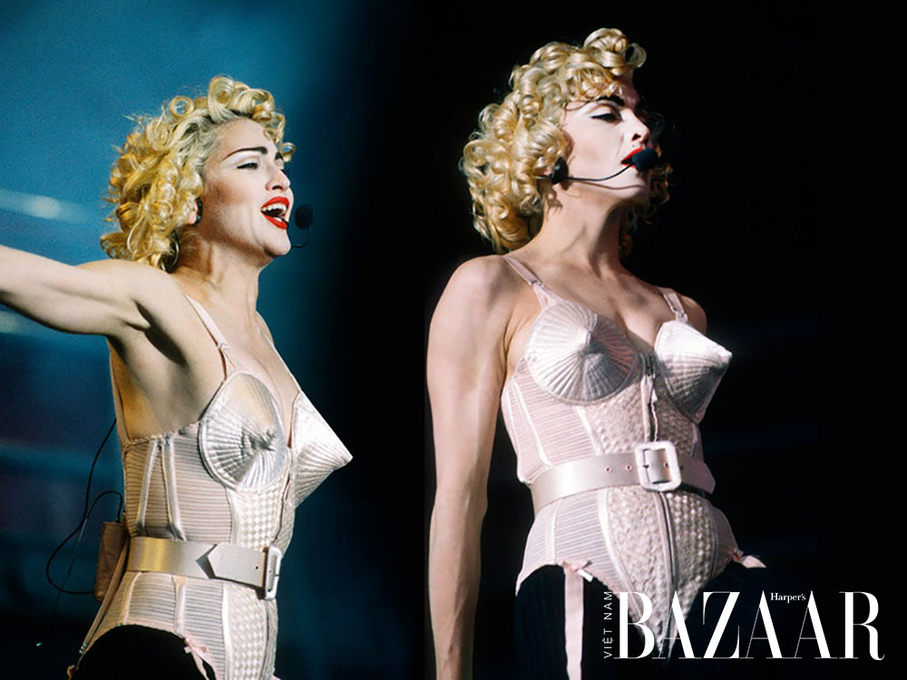 Madonna và chiếc áo corset hình chóp nón của Jean Paul Gaultier, một trong những khoảnh khắc định hình thời trang thập niên 1980. 