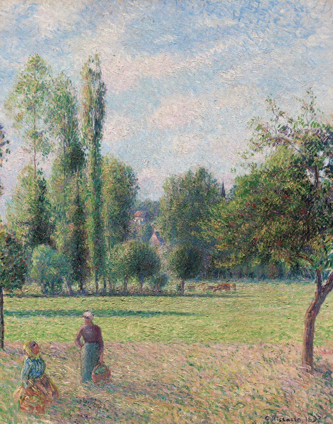 Tác phẩm Hai người phụ nữ nông dân trên đồng cỏ (Le Pré) của Camille Pissarro, năm 1893. Sơn dầu trên toan, kích cỡ 93 × 73,2cm. Ký gửi bởi Ban Quản trị Quỹ White, Lawrence, Massachusetts. Bản quyền thuộc Bảo tàng Mỹ thuật Boston.