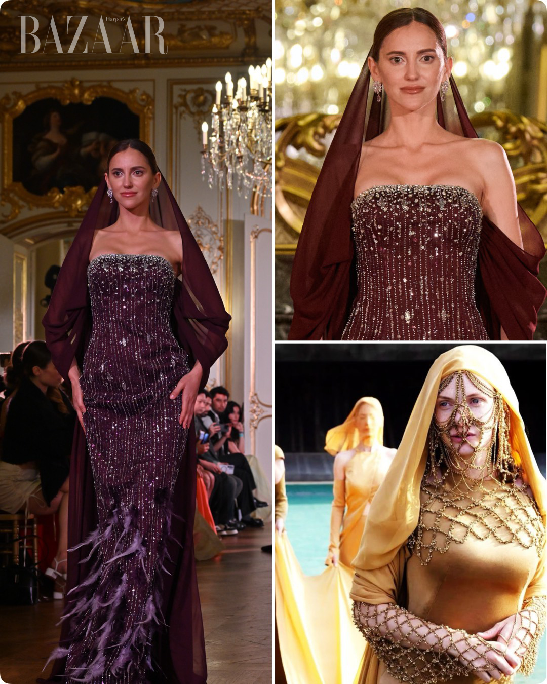 Iuliia Bazhan wearing Tracy Couture burgundy gown at Paris Fashion Week 2026