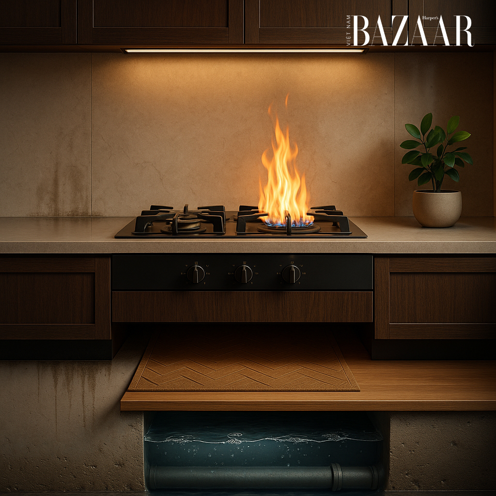 Đặt bếp ngay trên bể nước, hầm rút hoặc đường ống nước ngầm