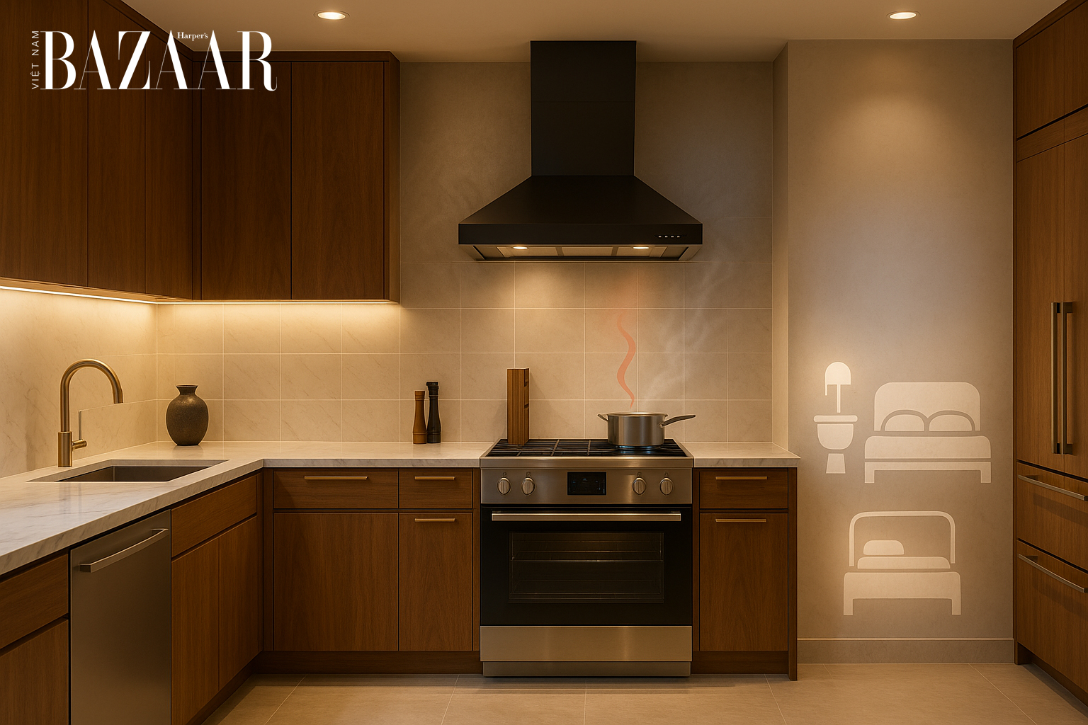 Bếp dựa lưng vào tường nhà vệ sinh hoặc giường ngủ