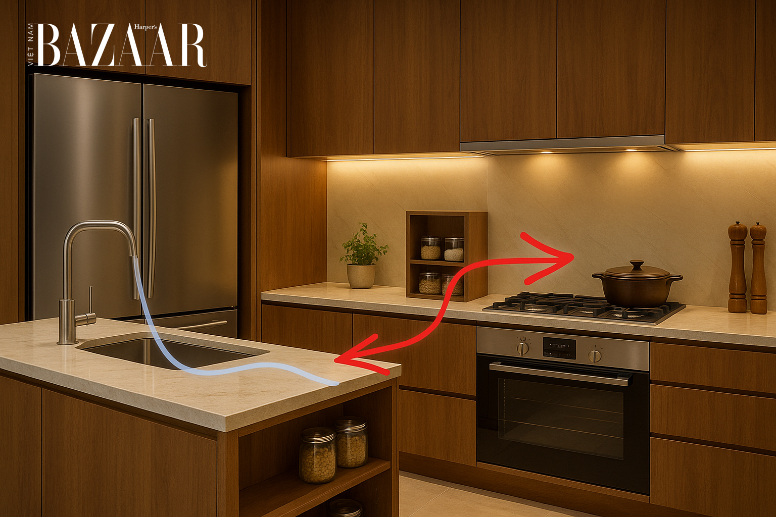 Bếp đặt giữa hai nguồn nước (vòi rửa - tủ lạnh - bếp nấu nằm trên một đường thẳng)