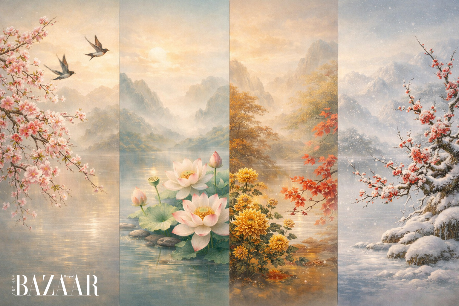 Tranh tứ quý: Xuân - Hạ - Thu - Đông