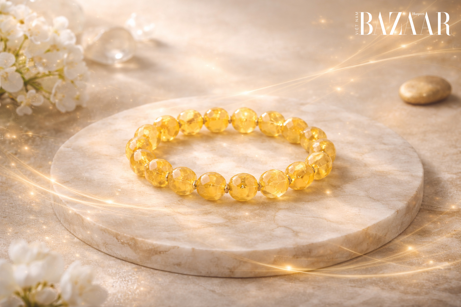 Vòng đá phong thủy mệnh Kim cho nữ: Vòng tay Canxit vàng