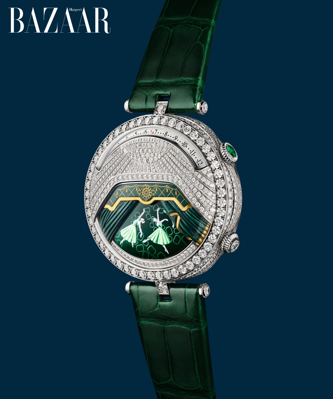 Mặt số mở của đồng hồ Lady Arpels Ballerine Musicale Émeraude.