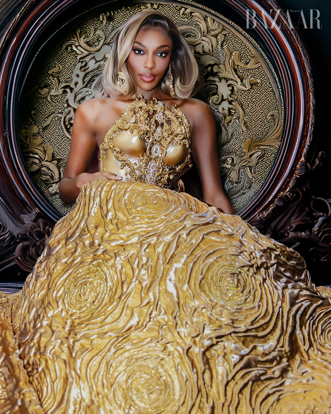 Giannina Azar – Bà hoàng của những Thiết kế Đính kết Pha-lê Lộng lẫy. Người mẫu: Olivia Yace, Miss World Africa 2021, Á hậu 4 Miss Universe 2025